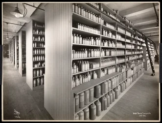 Vista interior, de, um, químico, armazenamento, sala, em, Parke, Davis, und, co, químicos, Hudson, und, Vestry, ruas, nova iorque, 1910, (silver, gelatin, print)