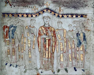 Arte Bizantina: "Assembléia do capítulo da Catedral de Gaete (Gaeta) composta por eveques e diáconos" Miniatura tirada do "Exultet" do início do século XI Museo Diocesano, GaETA