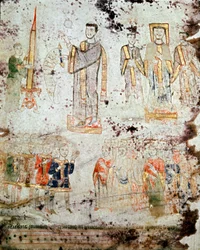 Arte Bizantina: "Cerimónia da bênção da vela pascal na presença do eveque, dos membros do clero e dos senhores (patricius) da cidade de Gaete (Gaeta) na Itália" Miniatura do "Exultet" do início do século XI Museo