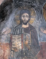 Grande plano de um afresco de um pantocrator, Cristo Pantocrator, Zoupena, Esparta, Peloponeso, Grécia