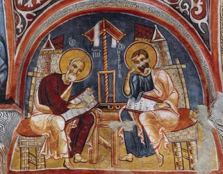 Evangelistas Lucas e Mateus escrevendo Evangelhos, Karanlik Kilise (Igreja das Trevas) (século 12-13), Goreme (Lista do Patrimônio Mundial da Unesco)
