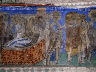 Cura da sogra e do homem paralítico de Simão Pedro, fresco bizantino (século XII), Tokali Kilise (Igreja Buckle) (século XII-13), Goreme (Lista do Património Mundial da Unesco)