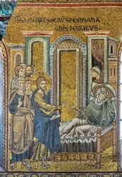 Jesus curando a sogra de Simão da febre, mosaico bizantino, Episódios da vida de Cristo, séculos XII-XIII (mosaico)