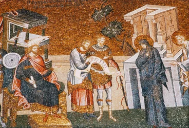 Maria e José antes de Cyremius se inscreverem para o imposto, com um guarda, um escriba e um oficial, c. século 14 (mosaico) (detalhe de 119636)