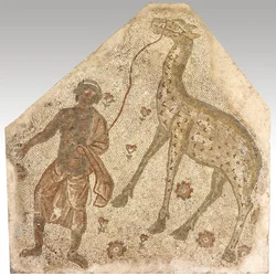Fragmento de mosaico com um homem a conduzir uma girafa, 401-500 d.C. (pedra em argamassa)