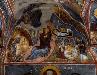 Natividade, Afresco bizantino (século XII), Karanlik Kilise (Igreja das Trevas) (século XII-13), Goreme (Lista do Património Mundial da Unesco)