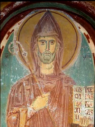 Representação de São Bento de Nursie (século VI) Pormenor de um fresco da escola bizantina. O início do século XIII. Mosteiro de Saint Benoit (Sacro Speco), Capela de Saint Gregoire a Subiaco (Roma), Itália.
