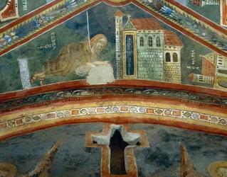 São Eldrad regressa de Santiago de Compostela, detalhe das Histórias de vida de São Eldrad, fresco românico, estilo bizantino, finais do século XI, Capela de São Eldrad e São Nicolau, Abadia de Novalesa, Piemonte, Itália.
