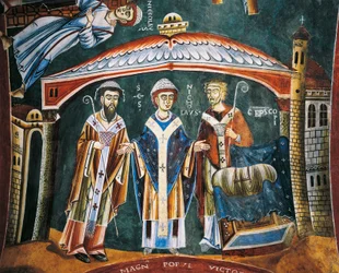 São Nicolau Consagrado bispo de Myra, Detalhe das Histórias de São Nicolau, Afresco românico, estilo bizantino, finais do século XI, Capela de São Eldrado e São Nicolau, Abadia de Novalesa, Piemonte, Itália.