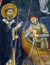 São Nicolau salvando peregrinos do naufrágio, Detalhe das Histórias de São Nicolau, Afresco românico, estilo bizantino, final do século XI, Capela de São Eldrado e São Nicolau, Abadia de Novalesa, Piemonte, Itália.