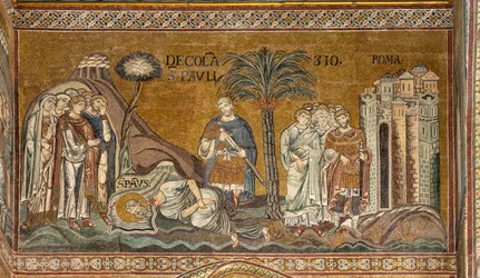 Decapitação de S. Paulo em Roma, mosaico bizantino, séculos XII-XIII no transepto Norte (mosaico)