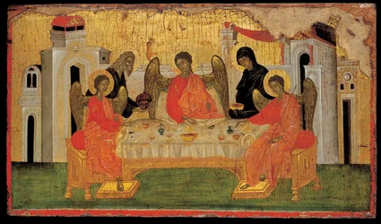 A hospitalidade da Trindade do Antigo Testamento de Abraão, ca 1380