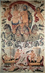 Arte Bizantina: Triunfo de Netuno e Anfitrito. Neptuno e Anfitrito nus num tanque disparado por quatro cavalos marinhos. Mosaico do século III. Dim: 3,1x1,96m. Museu do Louvre, Paris.