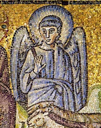 Um anjo com auréola e braço direito levantado, século VI (mosaico)