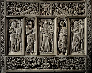 Arte Bizantina: "São João Batista e os Quatro Evangelistas" detalhe inferior da Cátedra da Eveque de Ravenna Maximien (546-554) trono episcopal (cathedra) em marfim, provavelmente realiza um Constantinopla Ravenna, Museo Arcivescovile (arte bizantina