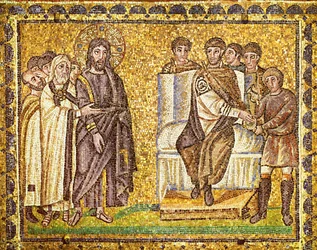 Cristo perante Pilatos que lava as mãos, sumos sacerdotes e soldados romanos, século VI (mosaico)
