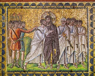 Cristo rodeado de apóstolos; é preso por soldados romanos, século VI (mosaico)
