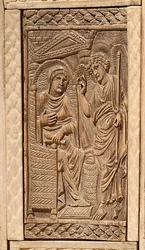 Detalhe da Anunciação, da cadeira do Bispo Maximian (madeira incrustada e marfim)