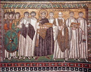 O imperador Justiniano I e a sua comitiva de funcionários, guardas e clérigos, c.547 d.C. (mosaico)