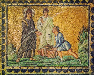 Jesus e a multiplicação dos pães, um apóstolo e um homem com cestos de pão, século VI (mosaico)