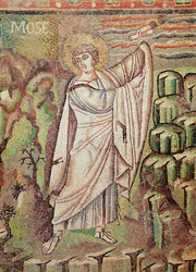 Moisés no Monte Sinai, figura acima da luneta representando a hospitalidade de Abraão e o sacrifício de Isaac, século VI (mosaico) (detalhe de 154709)