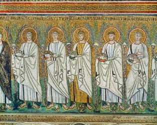 Procissão dos mártires São Clemente, Sisto, Lourenço, Hipólito, Cornélio, todos com coroas - símbolo dos mártires, século VI (mosaico)