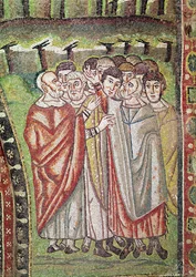 O povo hebreu, detalhe da hospitalidade de Abraão e o sacrifício de Isaac, século 6 (mosaico)