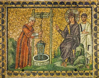 A mulher samaritana junto ao poço, Jesus abençoando e um apóstolo, século VI (mosaico)