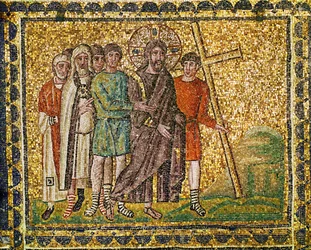 O transporte da cruz. Cristo, soldados e sumos sacerdotes a caminho do Golgatha, século VI (mosaico)