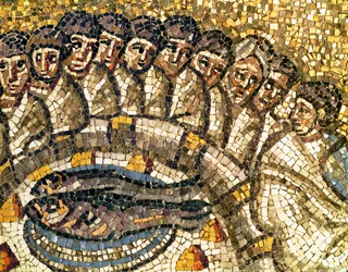 O peixe e os apóstolos, pormenor de "A Última Ceia", século VI (mosaico)