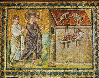 O paralítico baixado do telhado, Jesus e um apóstolo, século VI (mosaico)