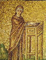 A viúva pobre diante do coletor, pormenor da oferta da viúva pobre, século VI (mosaico)