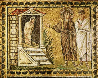 A ressurreição de Lázaro dos mortos, Jesus e um apóstolo, século VI (mosaico)