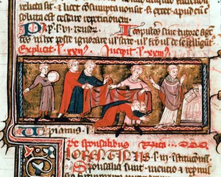 Cena de casamento, os cônjuges estão cobertos com um pano, símbolo da sua união Miniatura extraída do Código Justiniano (Codex Justinianus), uma coleção de leis e instituições redigidas pelo imperador romano Justiniano I de Bizâncio (483-565) ms. 824 Mila