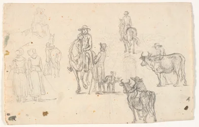 Esboços com fazendeiros, cavalos e vacas