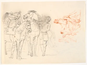 Dois esboços. televisão um esboço a lápis de cavalos e dois homens. º. um esboço de giz vermelho com um grupo de figuras