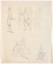 Esboços de três figuras. Cenas de teatro?