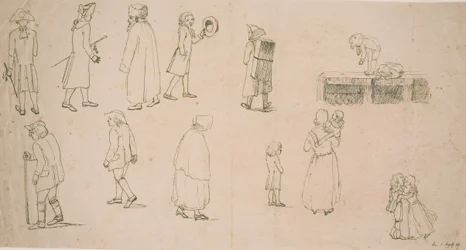 Várias figuras, incluindo 2 grupos com crianças brincalhonas e "pintor de retratos Hansen"