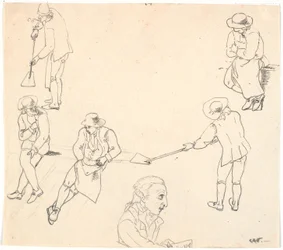 Esboço com seis figuras masculinas, duas com pás, três sentadas e um perfil masculino