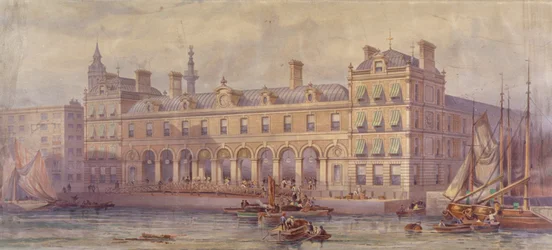 Vista do Billingsgate Market com figuras e barcos em primeiro plano, Londres, 1877