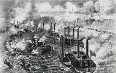 Frota do Almirante David Dixon Porter com bloqueio rebelde no Mississippi, em Vicksburg, 16 de abril