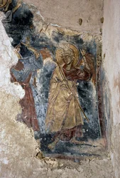 Anjo e santo, detalhe do afresco na igreja de Agios Georgios Apodoulou, Apodoulou, Creta, Grécia (foto)