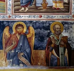 Arcanjo e santo, abóbada afresco no mosteiro de Mikro Sotiris, ilha de Symi, Grécia (foto)
