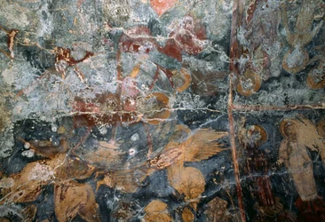 Afresco danificado na igreja de Metamorfose Sotiros, Voutas, Creta, Grécia (foto)