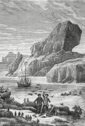 Descoberta da França Austral (Ilhas Kerguelen) pelo explorador francês Yves-Joseph de Kerguelen-Tremarec (1734-1797), Fevereiro de 1772, gravura, Oceano Índico, Território das Terras Austrais e Antárcticas Francesas