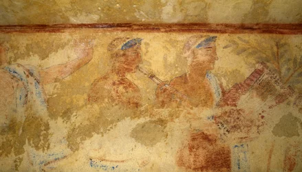 Músicos, fresco, detalhe, Túmulo dos Demónios Azuis, Necrópole de Tarquinia (UNESCO World Heritage List, 2004), Lazio, Itália. Civilização etrusca, século V a.C. (foto)