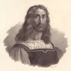 Retrato do gravador italiano Marcantonio Raimondi (1480-1534), gravura em cobre de Barni de pintura de Raffaello Sanzio