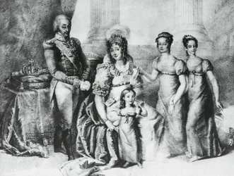 Retrato de Victor Emmanuel I, Rei da Sardenha e Duque da Sabóia, Piemonte e Aosta, com sua esposa Maria Teresa da Áustria-Este e suas filhas, Maria Teresa da Sabóia (1803-1879), Maria Anna da Sabóia e Maria Cristina da Sabóia, gravura