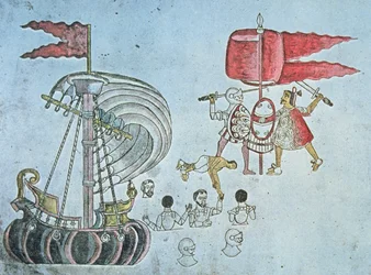 Soldados espanhóis de Hernán Cortes desembarcam em 1519 para combater os astecas, copiados do Codex Azcatitlan, c.1550 (cor litho)