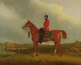 Um oficial da milícia de infantaria de Bedford Light montado em um carregador, século XIX